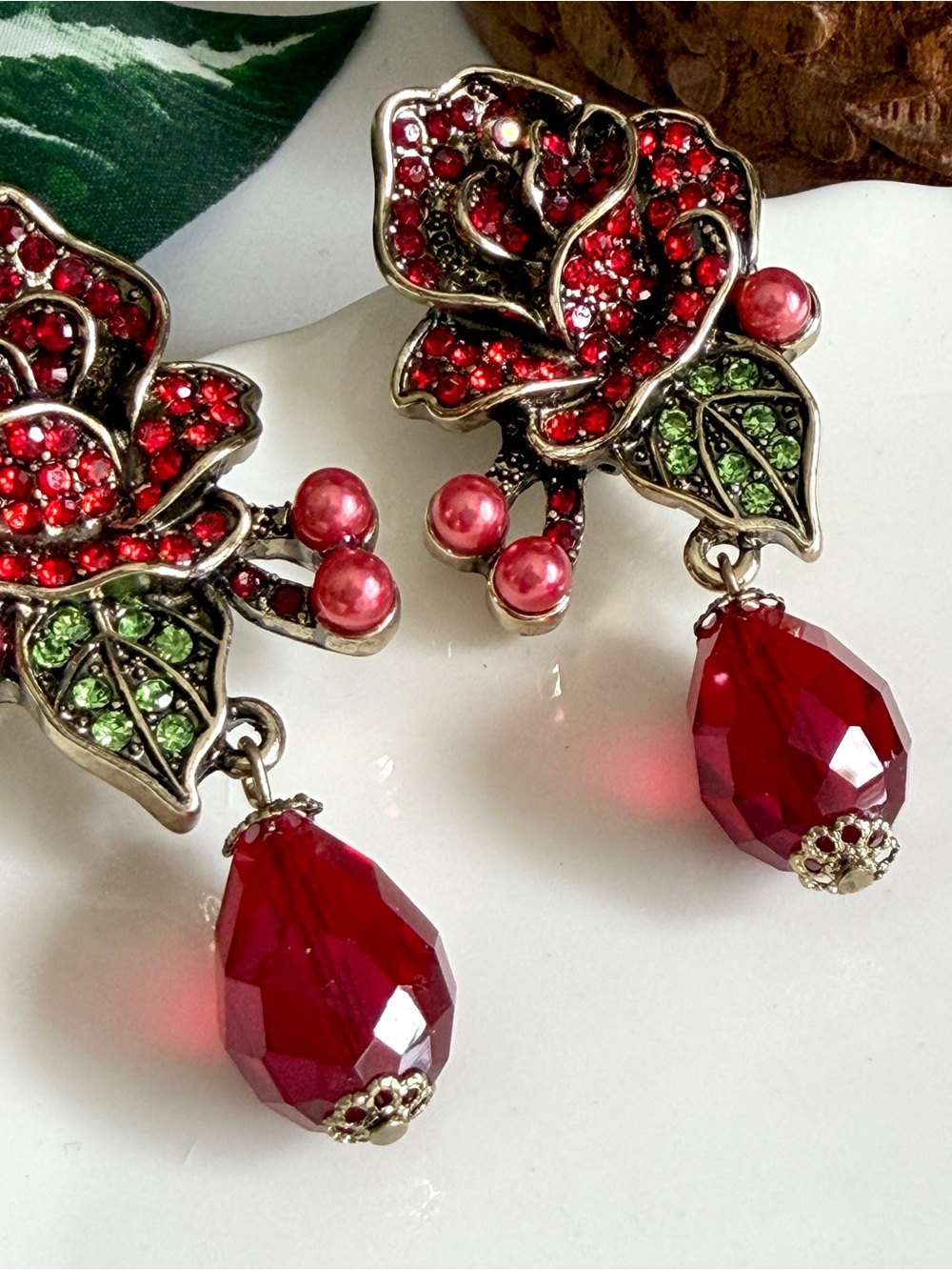 Red Rose Earrings Vintage Style Flower Rhinestone Bead Flamenco Jewelry Gift NEW - Picture 10 of 12